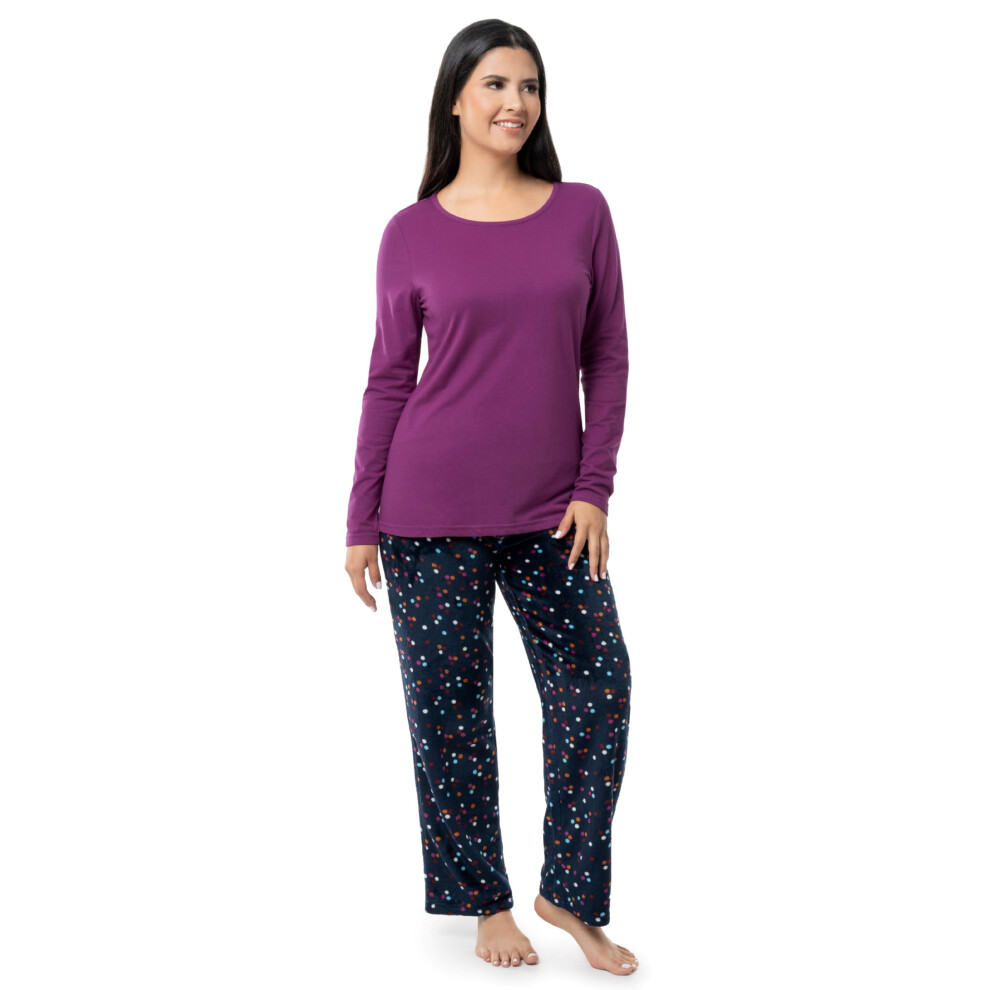 Fruit of the Loom Women's Sueded Jersey Crew Top and Fleece Pant Sleep Set  Berry/Multi Confetti  Small