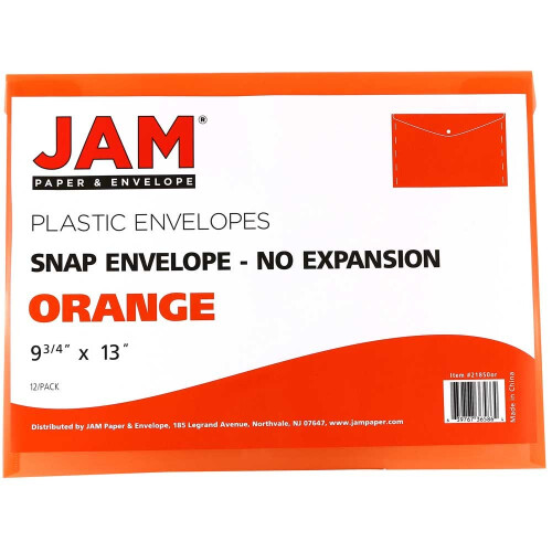JAM PAPER Plastic Envelopes with Snap Closure - Letter Booklet - 9 3/4 x 13 - Orange - 12/Pack 2