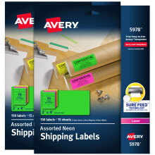 Avery Printable Neon Address Labels with Sure Feed 2"""" x 4"""" Assorted Colors 2 Packs 300 Labels Total (5643)