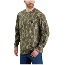 Carhartt Men's Loose Fit Heavyweight Long-Sleeve Pocket Camo Logo Graphic T-Shirt, Mossy Oak Bottomland Camo, Large