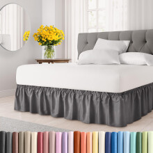 Wrap Around Dust Ruffle Bed Skirt - Dark Grey - for Full Size Beds with 24 Inch Drop - Elastic Strap - Adjustable Pleated Bedskirt with Brushed Fabric