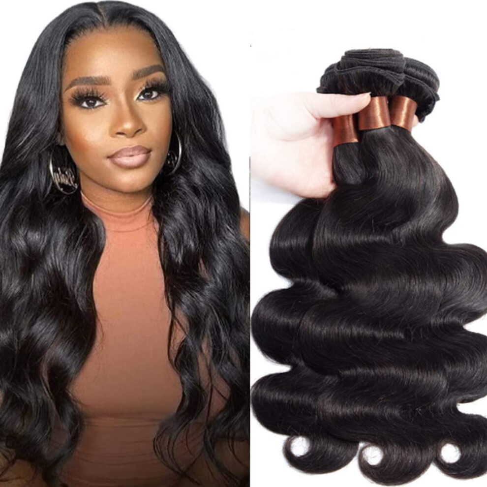 Angie Queen Unisex Black Brazilian Virgin Hair Body Wave Human Hair Bundles Weaves 100% Unprocessed Human Hair Extentions Nature Color (14 16 18 Body Wave B