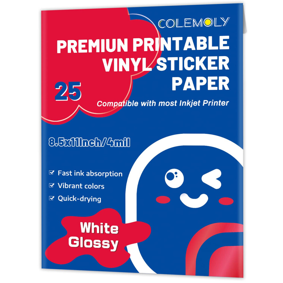 Glossy Sticker Paper Printable Vinyl for Inkjet Printer Adhesive White Decals Waterproof Quick Drying Tear Resistance Labels Letter Size 8.5x11 in for