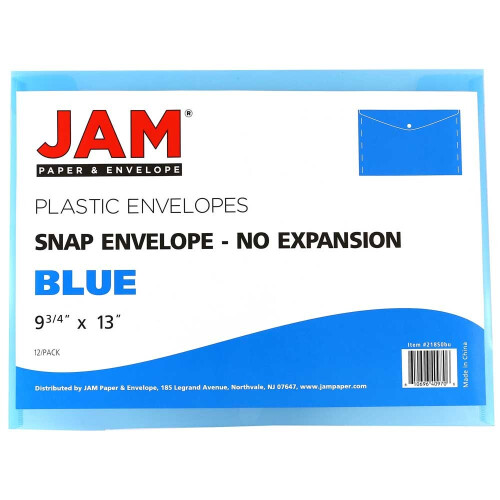 JAM PAPER Plastic Envelopes with Snap Closure - Letter Booklet - 9 3/4 x 13 - Blue - 12/Pack 2