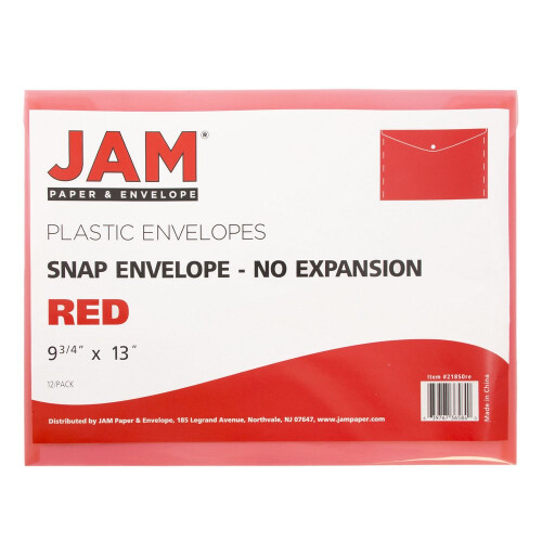 JAM PAPER Plastic Envelopes with Snap Closure - Letter Booklet - 9 3/4 x 13 - Red - 12/Pack 2
