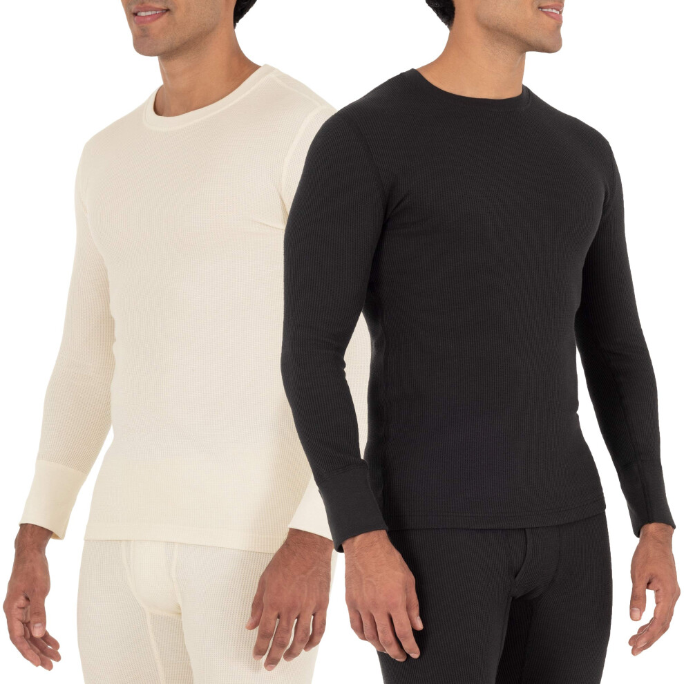 Fruit of the Loom Men's Recycled Waffle Thermal Underwear Crew Top (1 and 2 Packs)  Black/Natural  Medium