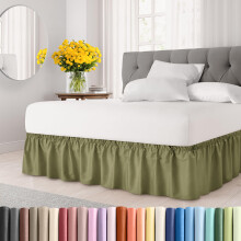 Wrap Around Dust Ruffle Bed Skirt - Sage Green - for Twin Size Beds with 21 Inch Drop - Elastic Strap - Adjustable Pleated Bedskirt with Brushed