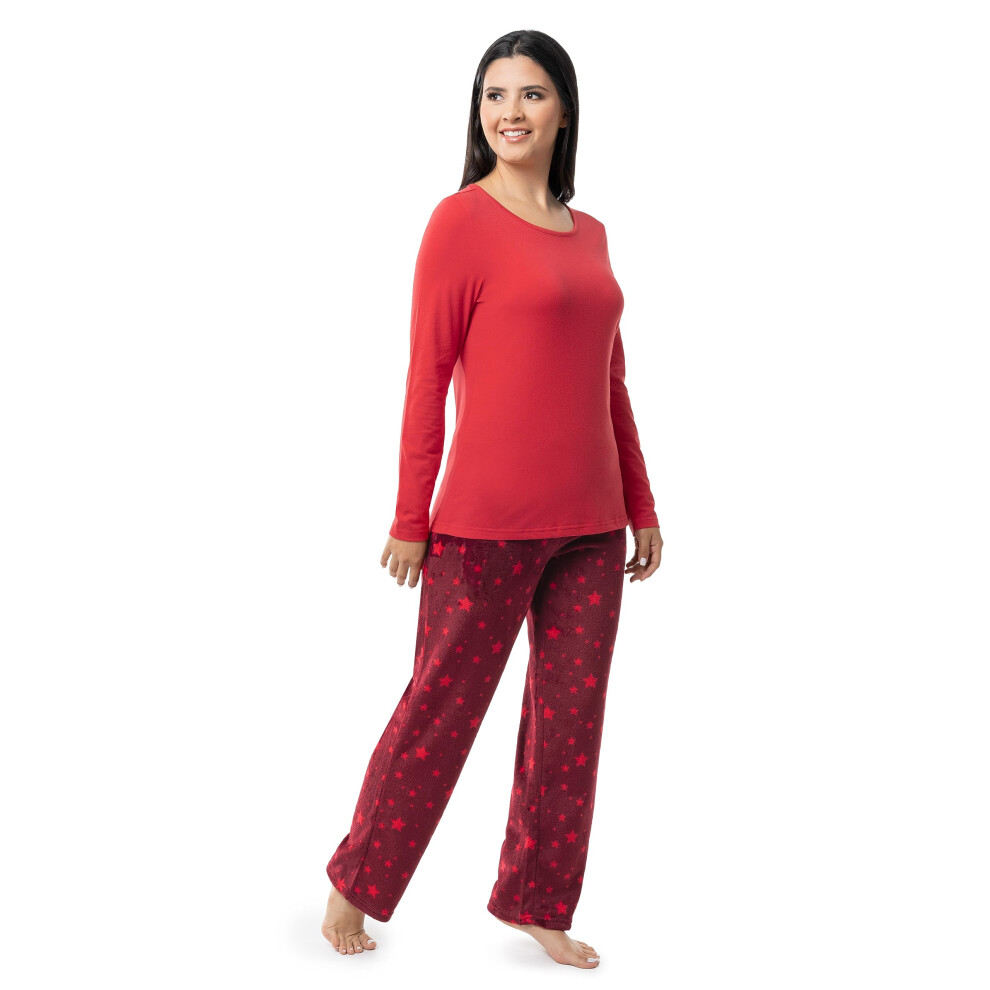 Fruit of the Loom Women's Sueded Jersey Crew Top and Fleece Pant Sleep Set  Red/Starry Sky