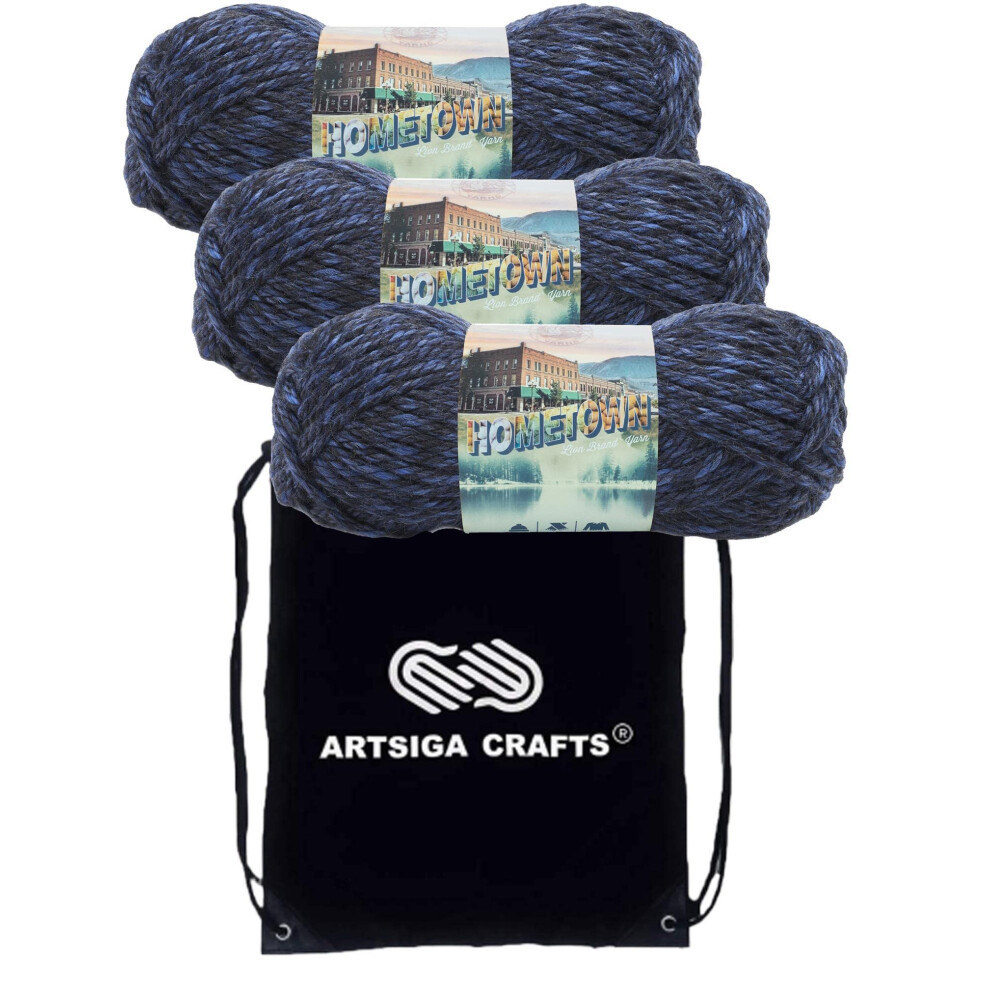 Lion Brand Hometown Milwaukee Midnight 135-224 (3-Skeins - Same Dye Lot) #6 S Bulky Acrylic Yarn for Crocheting and Knitting with Project Bag