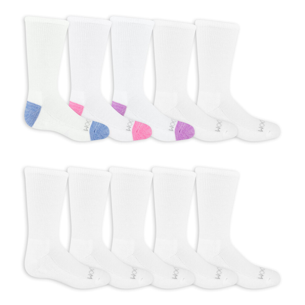 Fruit of the Loom Girls' Everyday Crew Socks (10 Pack)  White  Large