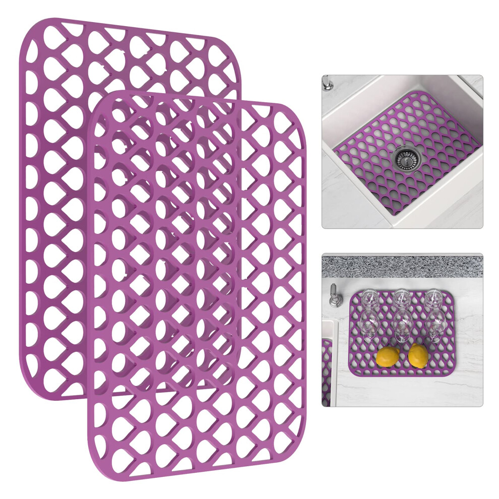 TOOVEM Silicone Sink Mat 2PCS - Protectors for Kitchen  Non-Slip Folding Grid for Bottom of Farmhouse Stainless Steel Porcelain Sink Pad - Purple