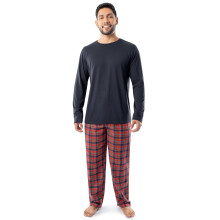 Fruit of the Loom Herren-Pyjama-Schlafset aus Jersey-Strickoberteil und Flanellhose, Marineblau/Rot kariert
