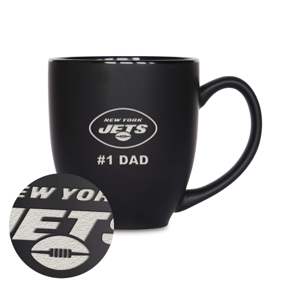 Rico Industries NFL Football New York Jets #1 Dad 15oz Laser Engraved Matte Black Ceramic Bistro Mug - for Hot or Cold Drinks-image-OPC-PGS9RC7-NEW