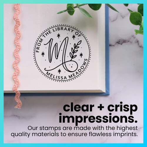 ExcelMark Personalized Book Stamp - From The Library Of - Ex Libris - Wood Self-Inking or Embosser (Deco Script Round) 1