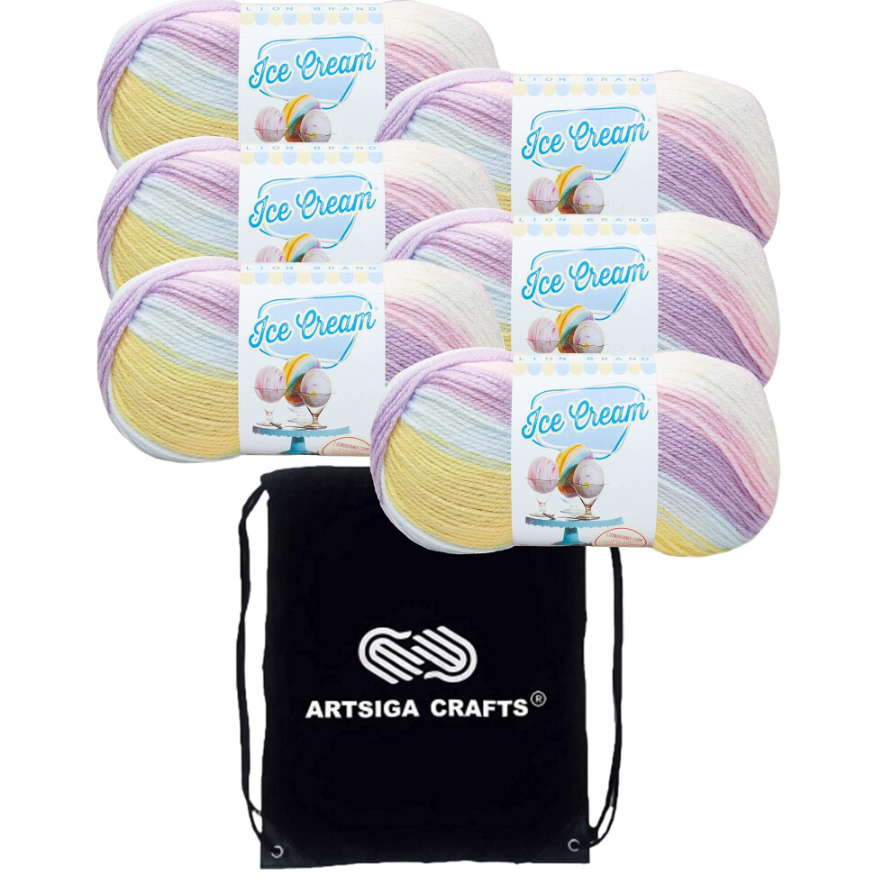 Lion Brand Ice Cream Cotton Candy 923-201 (6-Skeins - Same Dye Lot) Baby Sport #2 Acrylic Yarn for Crocheting and Knitting with Project Bag