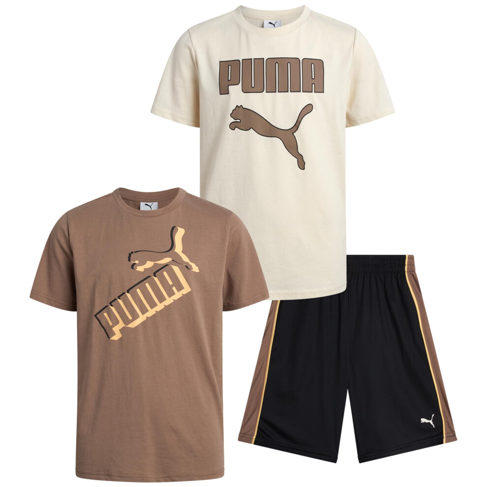 PUMA Boys' Active Shorts Set - 3 Piece Performance T-Shirt  Dry Fit Tank Top  and Gym Shorts - Activewear Set for Boys (S-L)  Size Medium  Beige/Taupe