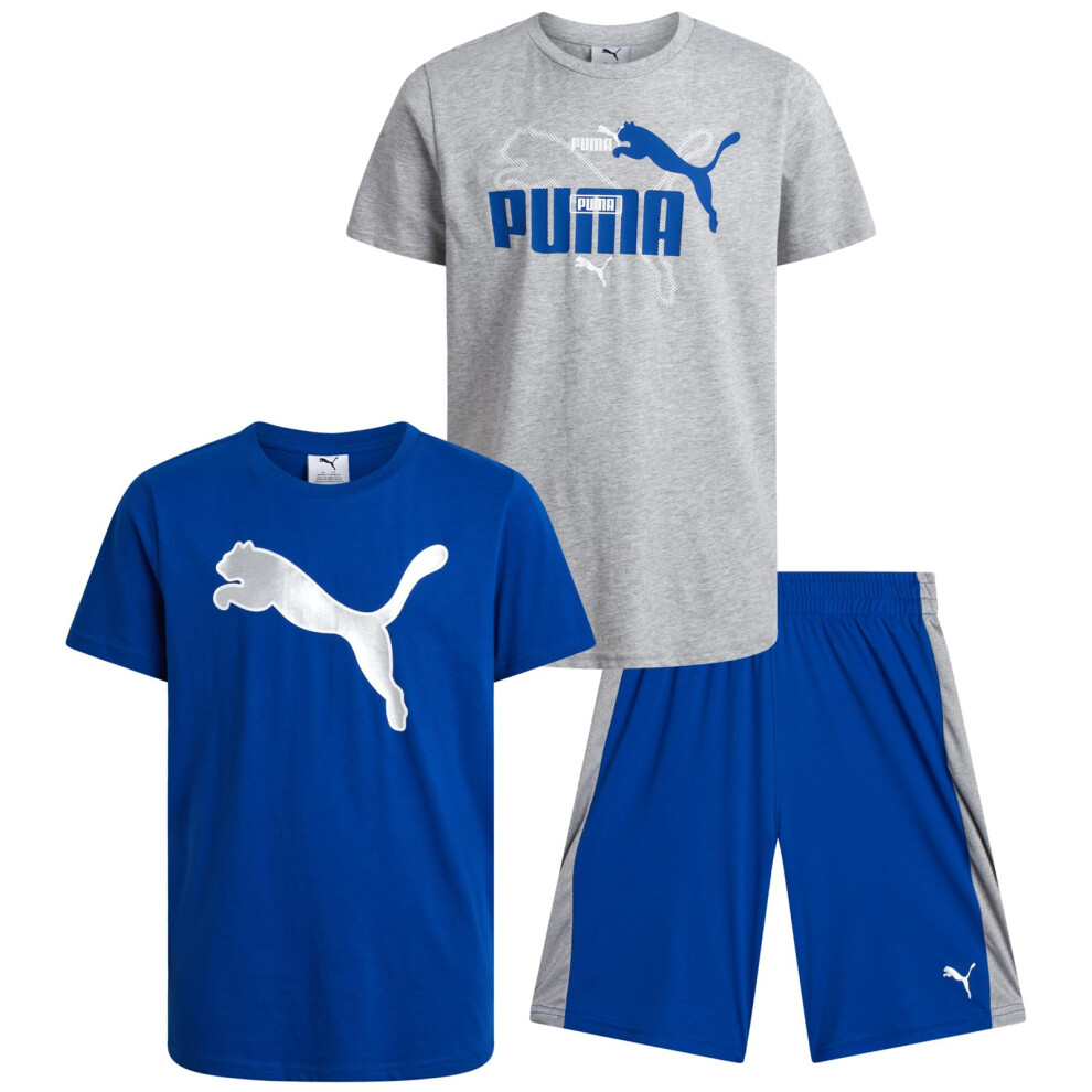 PUMA Boys' Active Shorts Set - 3 Piece Performance T-Shirt  Dry Fit Tank Top  and Gym Shorts - Activewear Set for Boys (S-L)  Size Small  Heather Grey