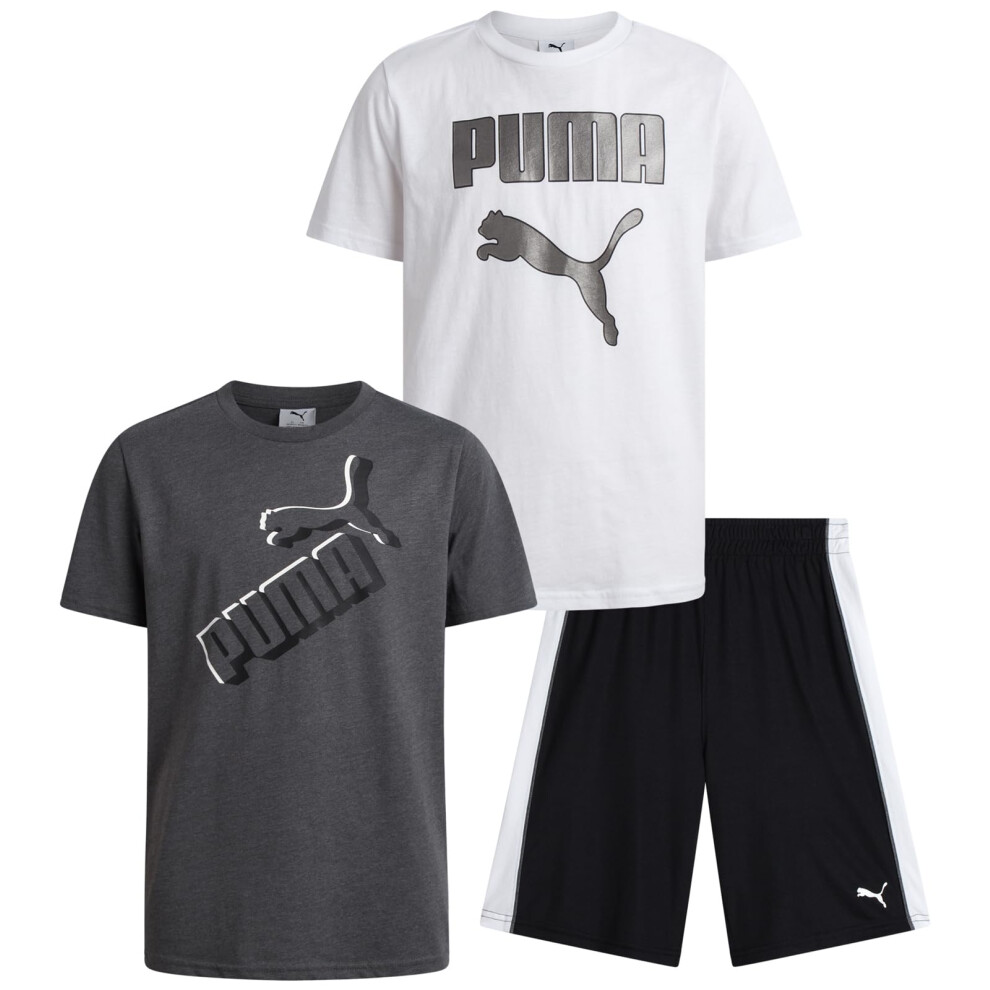 PUMA Boys' Active Shorts Set - 3 Piece Performance T-Shirt  Dry Fit Tank Top  and Gym Shorts - Activewear Set for Boys (S-L)  Size Small  Grey/White