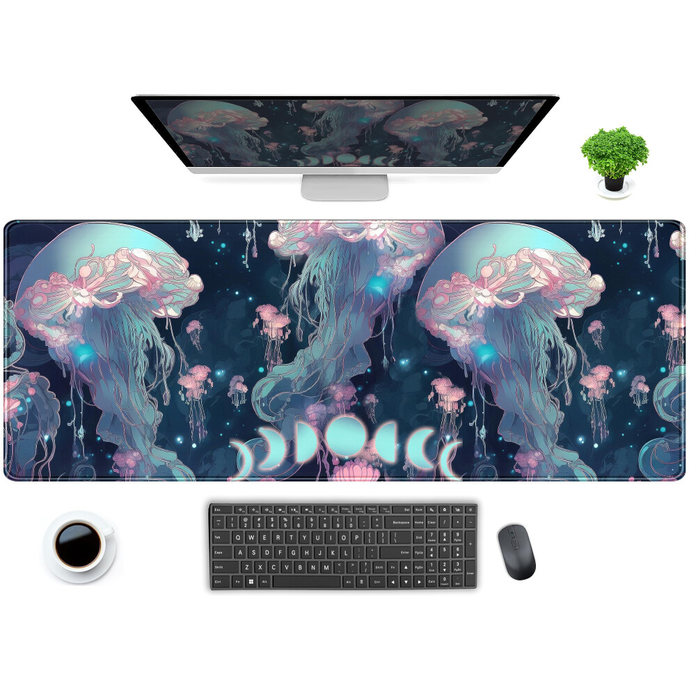 Dcjjm Anime Jellyfish Desk Mat Neon Xl Large Extended Gaming Mouse Pad Cute Ocean Moon Mats Computer Laptop Keyboard Mouse Mat Desk Pad 31.5X11.8 Blue 740087261900