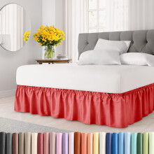 Wrap Around Dust Ruffle Bed Skirt - Red - for King Size Beds with 18 Inch Drop - Easy Fit Elastic Strap - Adjustable Pleated Bedskirt w/Brushed F