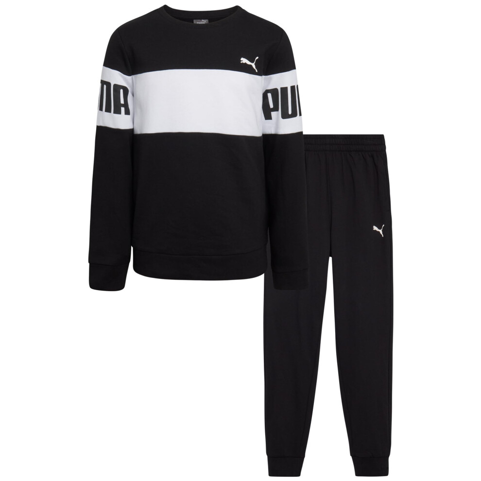 PUMA Boys' Jogger Set - 2 Piece Soft Fleece Pullover Crewneck Sweatshirts and Sweatpants For Boys - Casual Active Set (4-16)  Size 8  Black