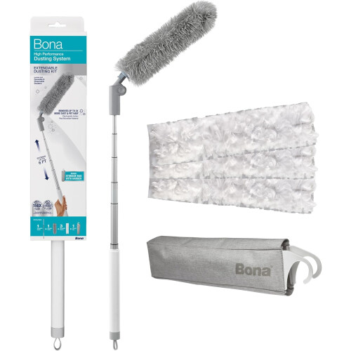 Bona High Performance Dusting System - 1 Extendable Handle 3 Disposable Dusters 1 Reusable Duster & 1 Storage Bag - Extendable Dusting Kit