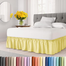 Wrap Around Dust Ruffle Bed Skirt - Yellow - for Queen Size Beds with 21 Inch Drop - Easy Fit Elastic Strap - Adjustable Pleated Bedskirt w/Brush