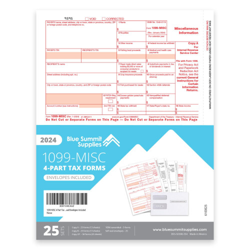 Formulários 1099 MISC 2024, Kit de 4 Partes, 25 Formulários a Laser, Compatível com QuickBooks 1