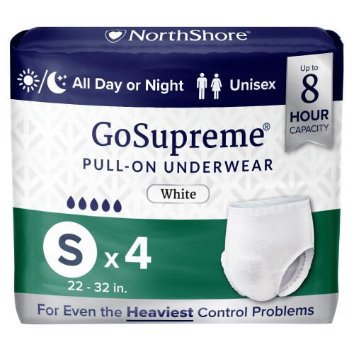 NorthShore GoSupreme Cueca de Incontinência Noturna, 8 Horas, Pequena, 4 Contagem, Branca, 22-32 polegadas