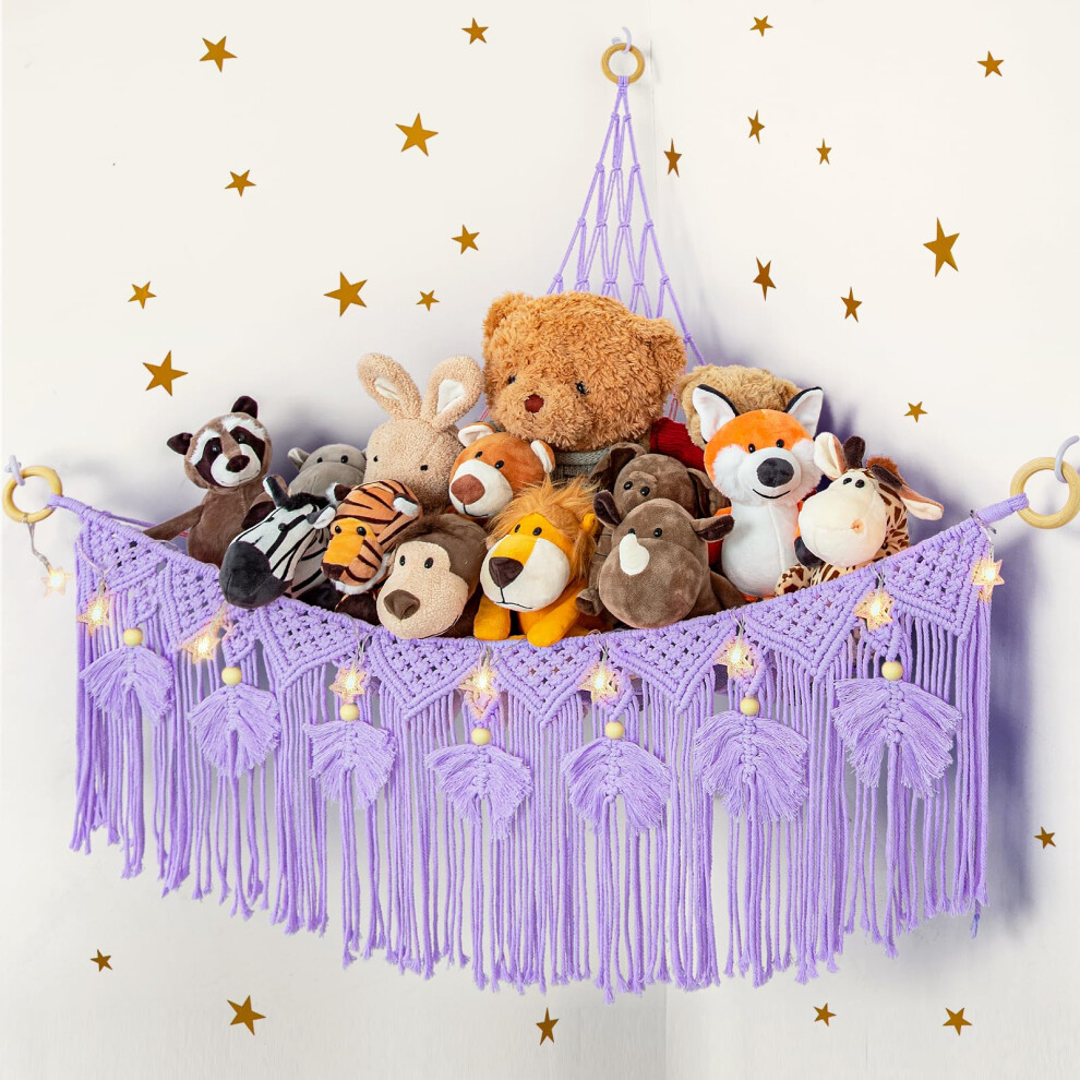 Macrame Stuffed Animal Storage With Star Bear Hammock For Girls Room Decor Corner Hanging Mesh Organizer Idea For Nursery Plush Light/Purple Anroye