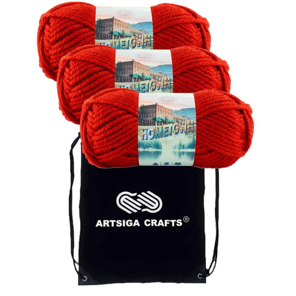 Lion Brand Hometown Cincinnati Red 135-113 (3-Skeins - Same Dye Lot) #6 S Bulky Acrylic Yarn for Crocheting and Knitting with Knitting Project Bag