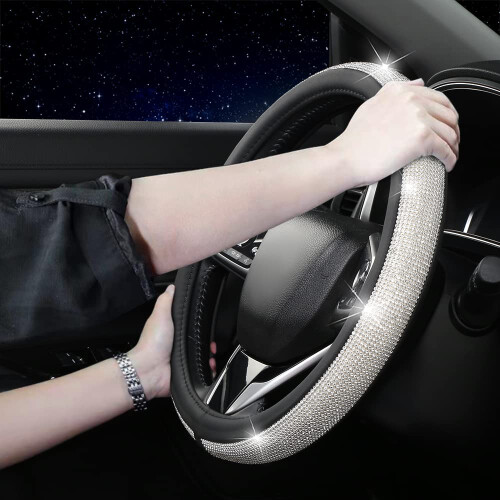 Capa de Volante de Couro com Diamantes Brilhantes, Rosa, para Mulheres com Cristais, Ajuste Universal 15 Polegadas 1