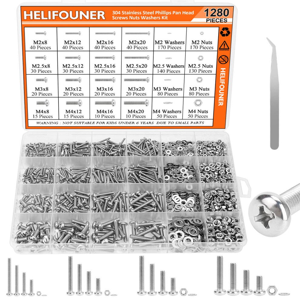 Helifouner 1280 Pieces M2 M2.5 M3 M4 304 Stainless Steel Phillips Pan Head Machine Screws Metric Screws Bolts Washers Nuts Kit 304 Stainless Steel 749355454679