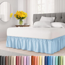 Wrap Around Dust Ruffle Bed Skirt - Light Blue - for Full Size Beds with 24 Inch Drop - Elastic Strap - Adjustable Pleated Bedskirt with Brushed