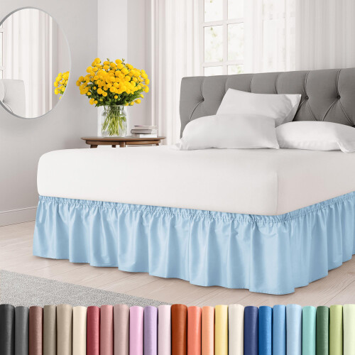 Saia de Cama com Franja - Azul Claro - para Camas de Tamanho Duplo com Queda de 24 Polegadas