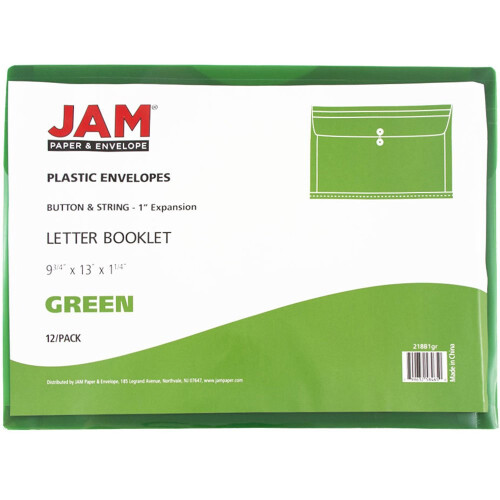 JAM PAPER Plastic Envelopes with Button & String Tie Closure - Letter Booklet - 9 3/4 x 13 - Green - 12/Pack 2