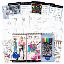 Fashion Angels - Set di schizzi per design di moda e accessori, include blocco da disegno con adesivi e pennarelli, album da disegno per ragazze.