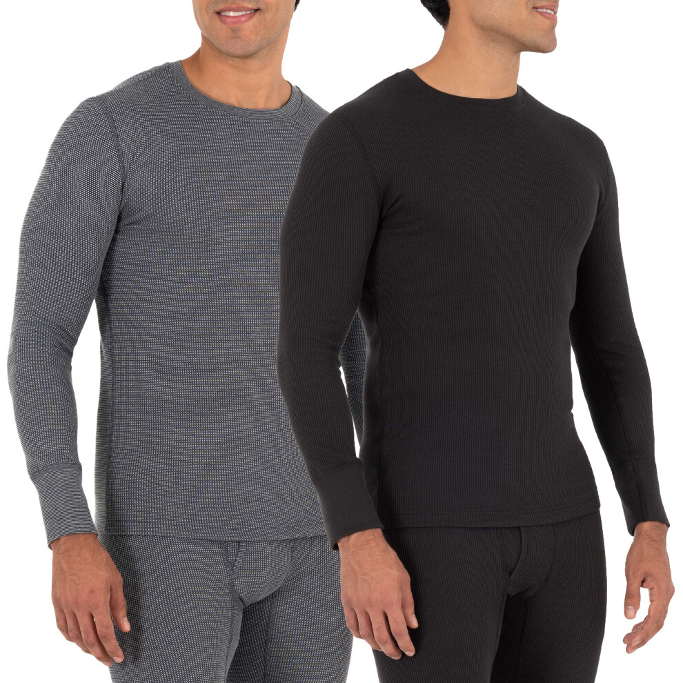 Fruit of the Loom Men's Recycled Waffle Thermal Underwear Crew Top (1 and 2 Packs)  Black/Greystone  2X