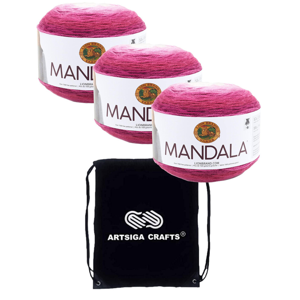 Lion Brand Mandala Cupid 525-227 (3-Skeins - Same Dye Lot) DK Light Worsted #3 Acrylic Yarn for Crocheting and Knitting with Project Bag