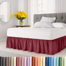 Wrap Around Dust Ruffle Bed Skirt - Burgundy - for King Size Beds with 21 Inch Drop - Easy Fit Elastic Strap - Adjustable Pleated Bedskirt w/Brus