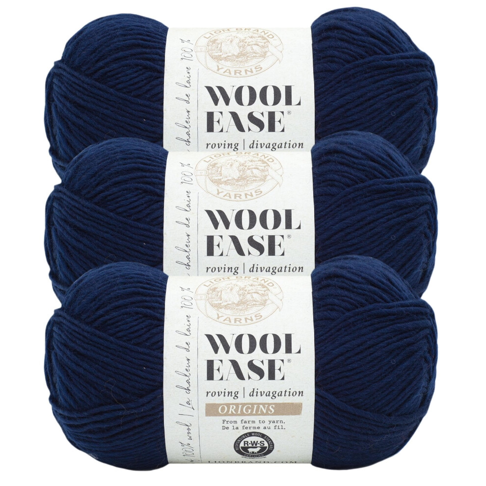 Lion Brand Yarn Wool-Ease Roving Origins  100% Wool Yarn for Knitting and Crochet  Navy  3 Pack
