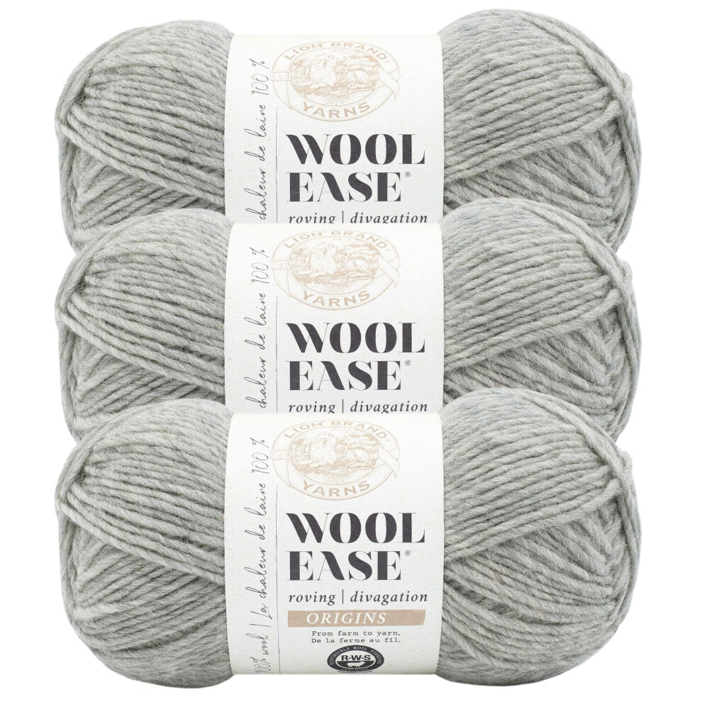 Lion Brand Yarn Wool-Ease Roving Origins  100% Wool Yarn for Knitting and Crochet  Heather Grey  3 Pack