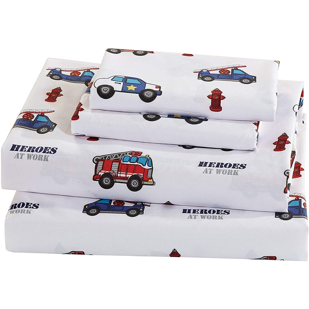 Parure de draps fantaisie en lin pour gar   on, motif voiture de police, camion de pompiers, ambulance, h   ros, bleu, rouge, vert, gris, blanc, neuf