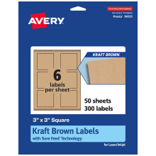 Avery Kraft Brown Square Labels with Sure Feed 3"""" x 3"""" 300 Kraft Brown Labels Print-to-The-Edge Laser/Inkjet Printable Labels