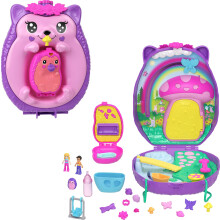 Polly Pocket 2-in-1-Reisespielzeug mit 2 Mikropuppen und 16 Zubehrteilen, Igel-Geldbeutel-Spielset mit Haustier-Thema