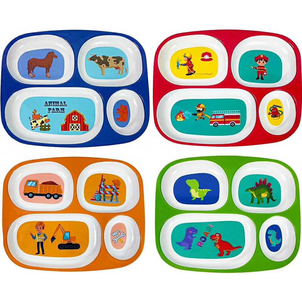 4E's Novelty Set Of 4 Melamine Dinner Plates For Kids Boys - Divided Plates For Picky Eater Bpa Free Toddler Eating Essentials Boy Dinnerware Set 4E's Nyhed