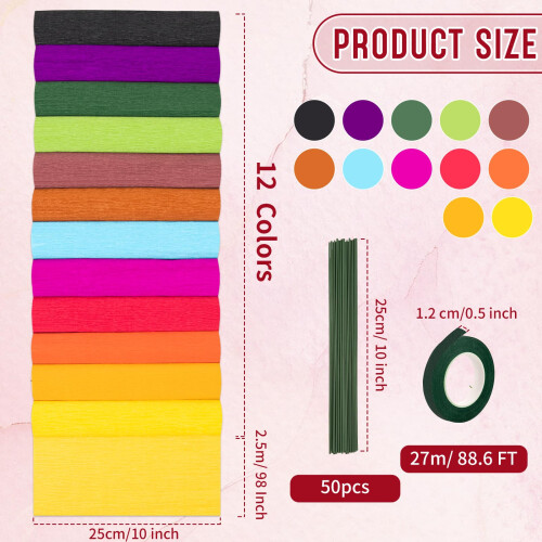 12 Rolos de Papel Crepe Colorido, 10 x 98 Polegadas com Fios e Fitas Florais 1
