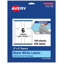 Etichette quadrate bianche opache Avery TrueBlock per imballaggi, 3"" x 3"" 600 etichette, stampabili fino al bordo con laser/getto d'inchiostro