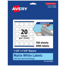 Etichette quadrate bianche opache Avery TrueBlock 1,5"""" x 1,5"""" 2.000 etichette bianche opache stampabili fino al bordo, adatte alla stampa laser