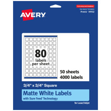 Avery Matte White Square Labels with Sure Feed 3/4"""" x 3/4"""" 4 000 Matte White Printable Labels